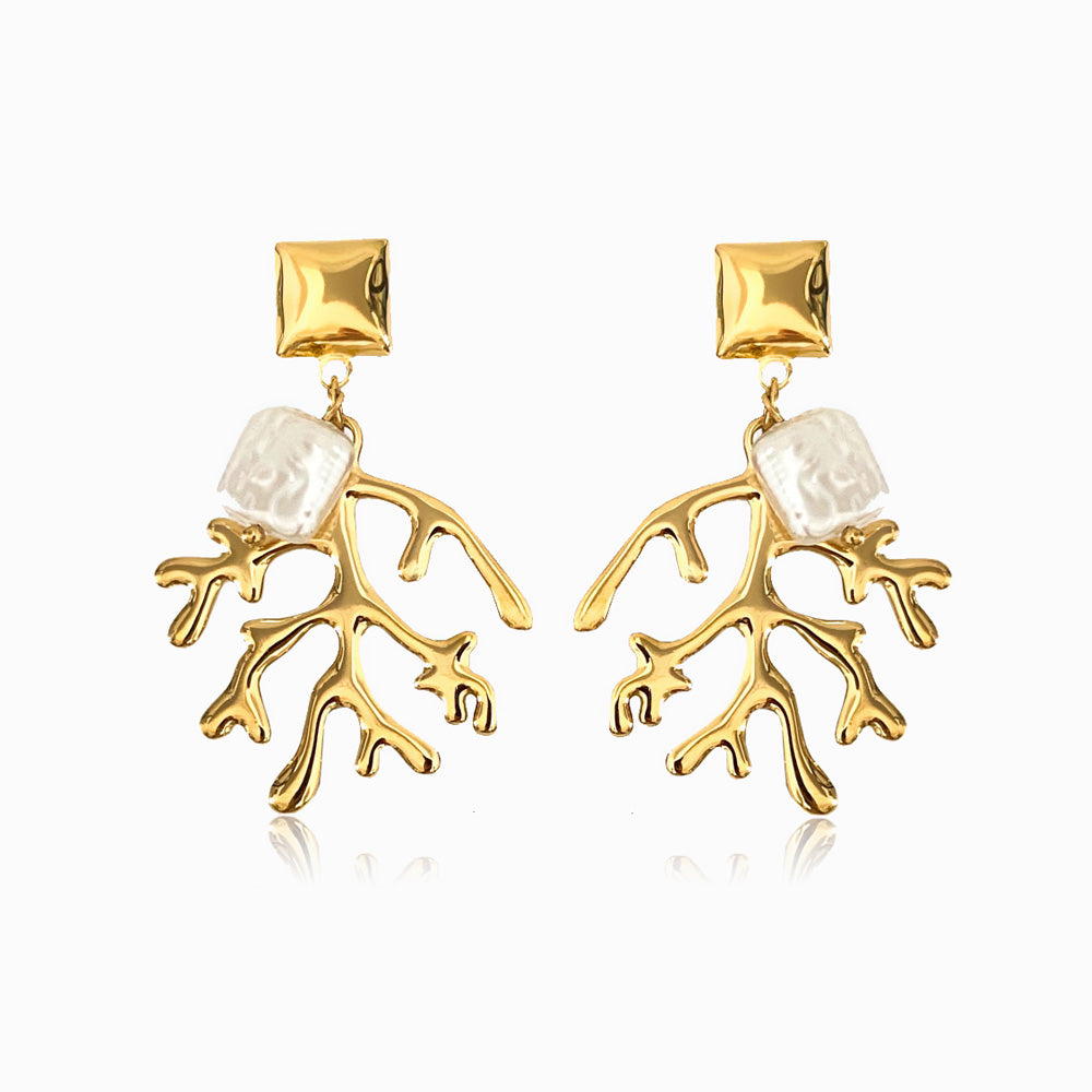 Brincos Coral e Pérola 48x33mm BR1248 - Aço Inox Dourado
