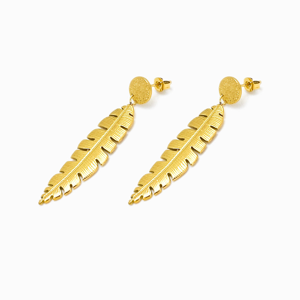 Brincos Pena 50x11mm BR3016 - Aço Inox Dourado