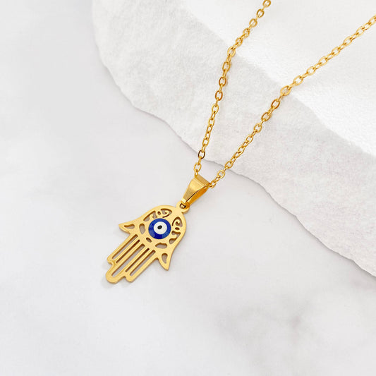 Colar Mão de Fátima com Olho Turco CL1079 - Aço Inox Dourado