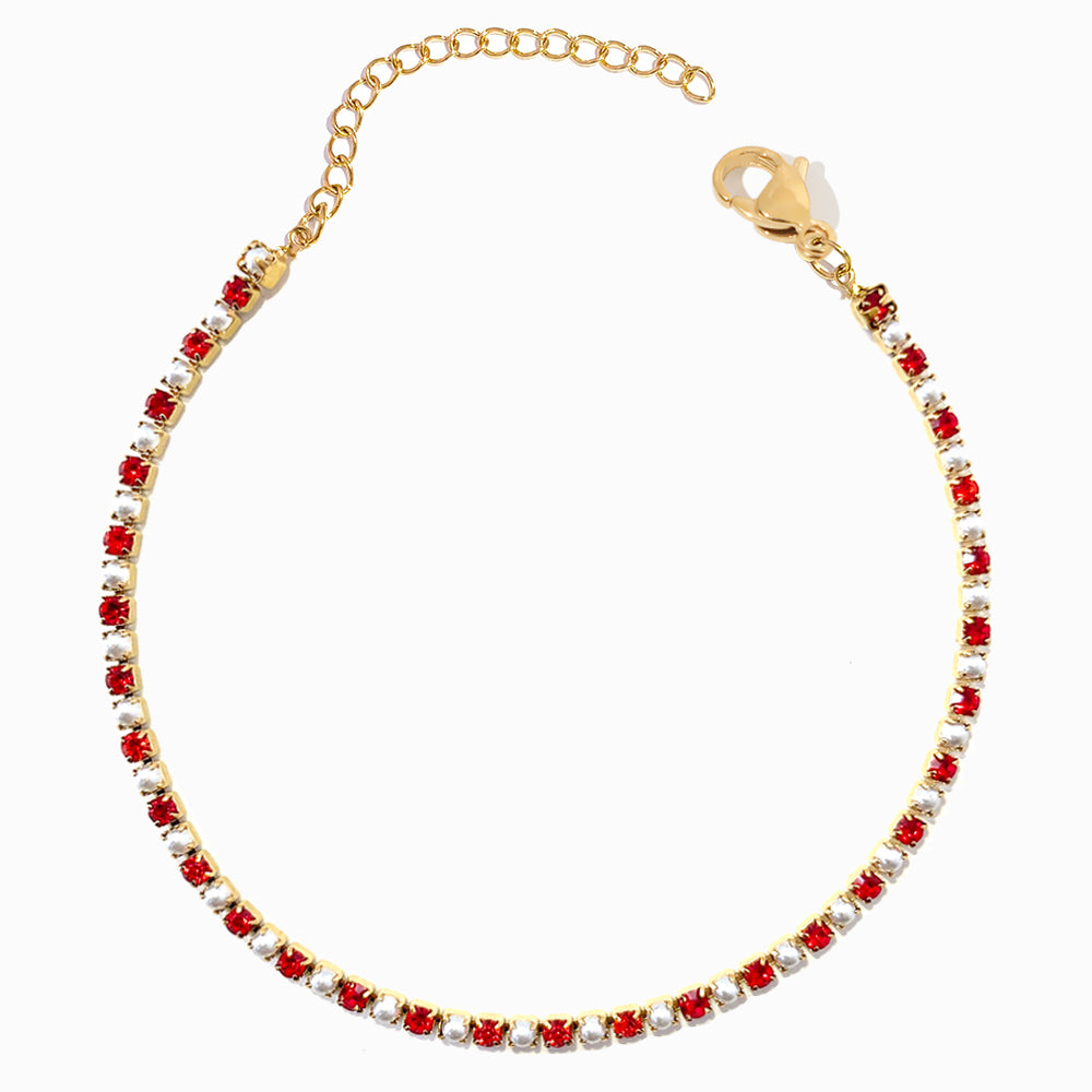 Pulseira com Brilhantes Vermelhos e Pérola SL2190 - Aço Inox Dourado