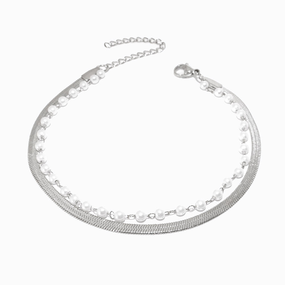 Pulseira de Pé Dupla 18+6cm SL2228 - Aço Inox Prateado