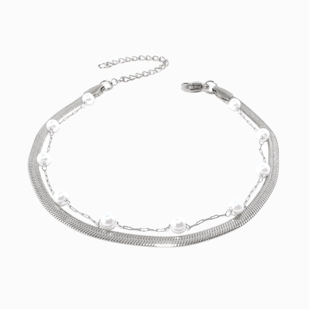 Pulseira de Pé Dupla 18+6cm SL2230 - Aço Inox Prateado