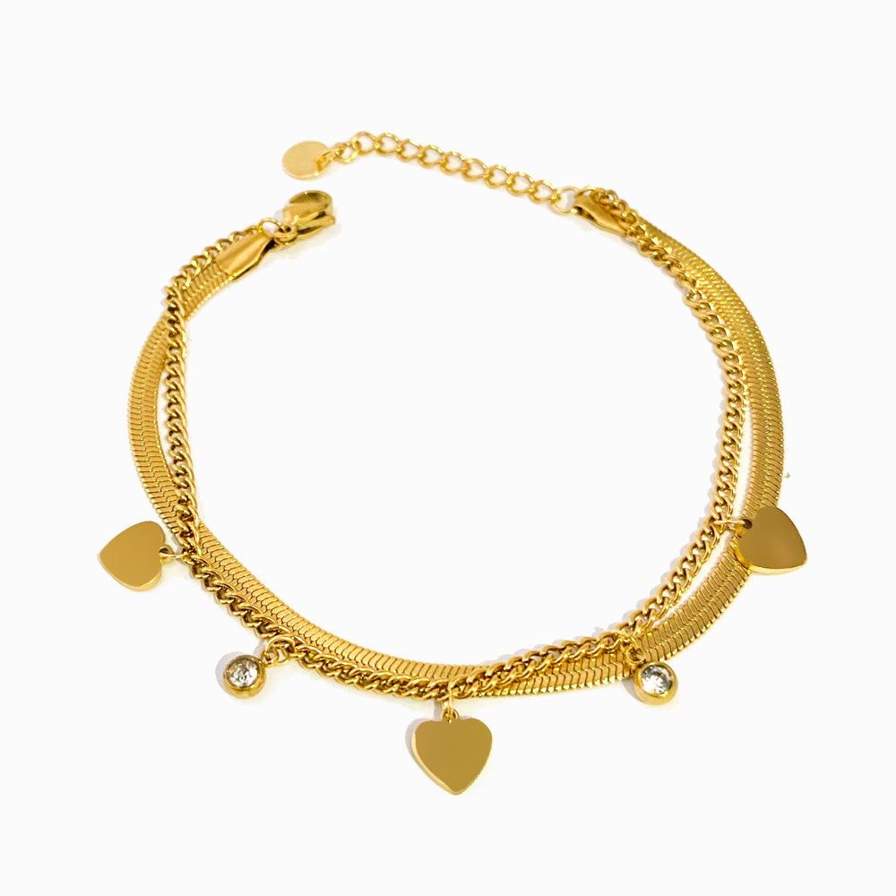Pulseira Dupla com Corações SL3098 - Aço Inox Dourado