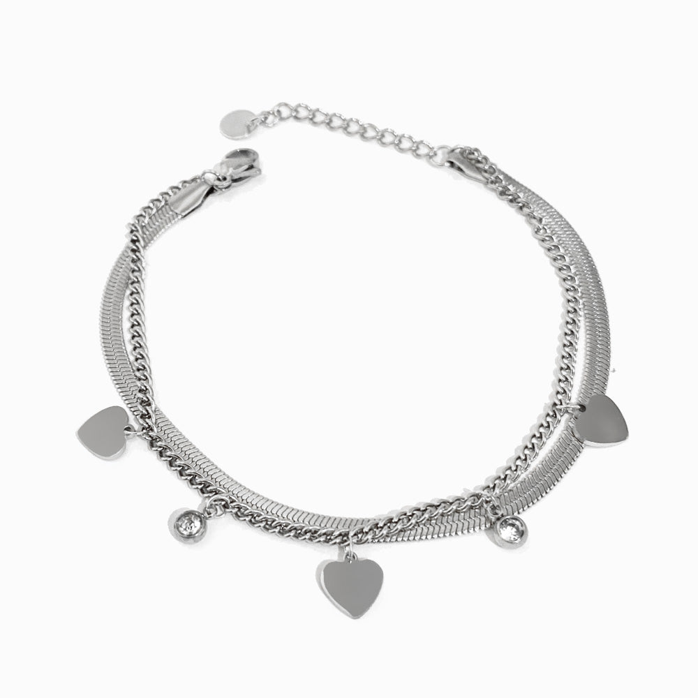 Pulseira Dupla com Corações SL3098 - Aço Inox Prateado