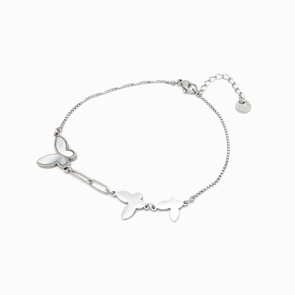 Pulseira Borboletas com Madrepérola - Aço Inox Prateado