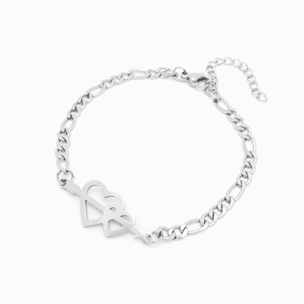 Pulseira Malha Fígaro com Corações SL1054 - Aço Inox Prateado