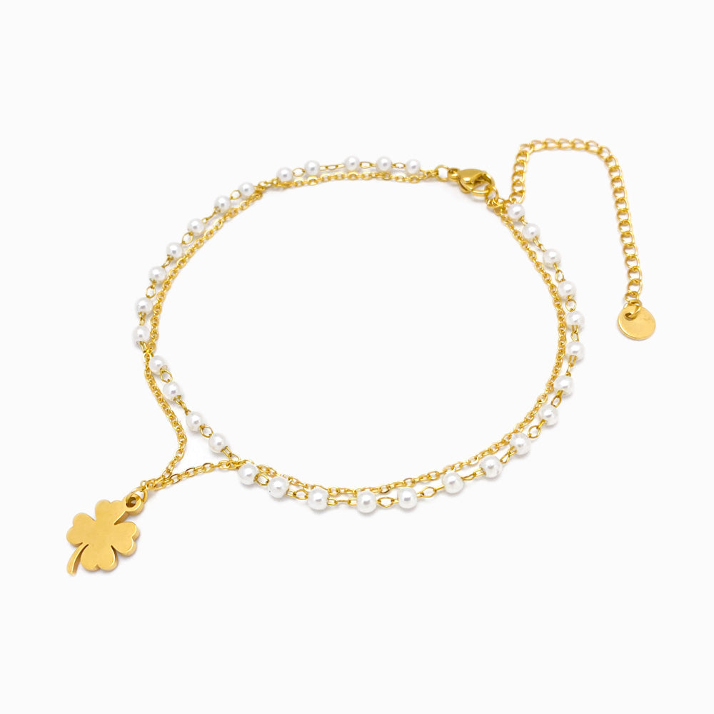 Pulseira Dupla de Pé Trevo SL3013 - Aço Inox Dourado com Pérola