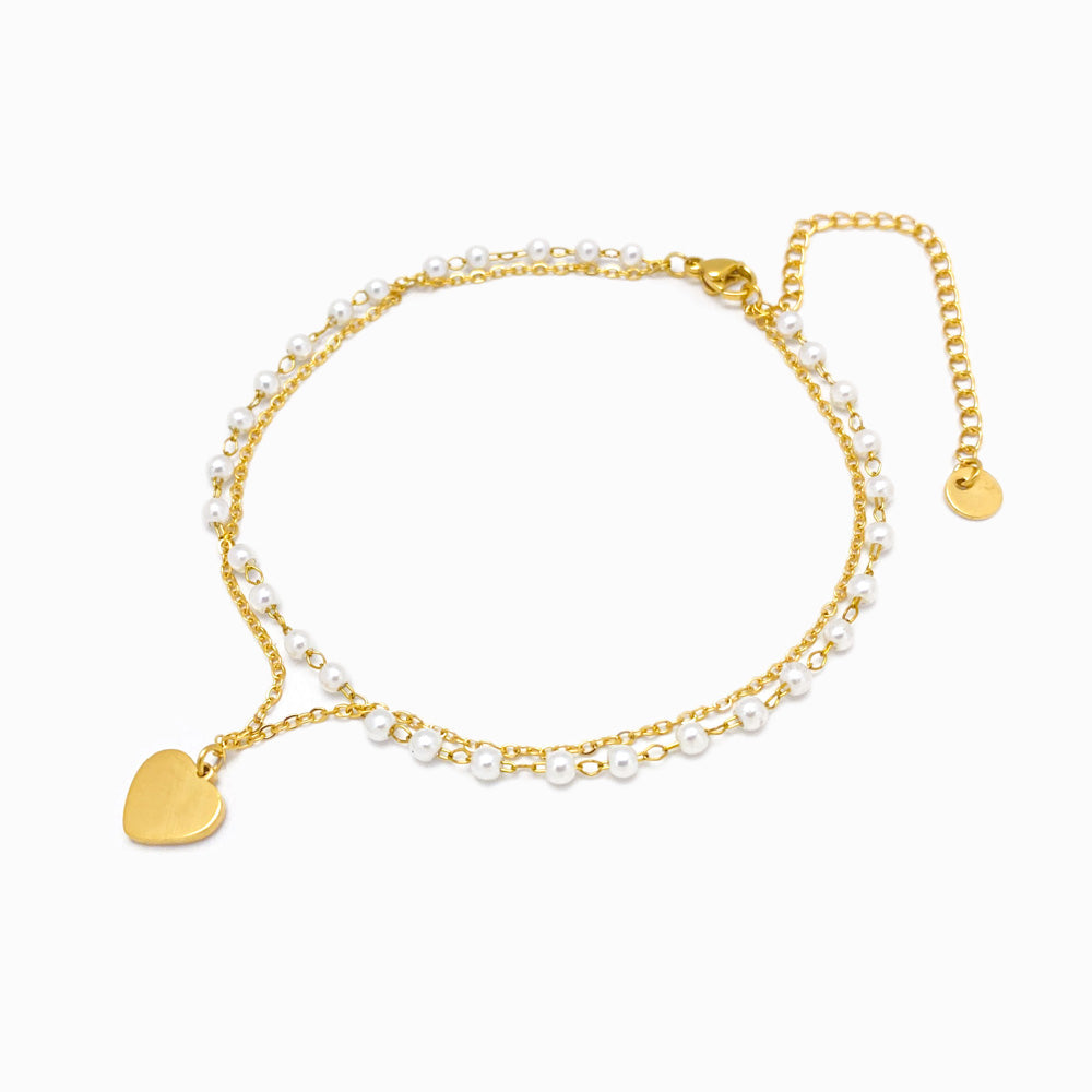 Pulseira Dupla de Pé Coração SL3014 - Aço Inox Dourado com Pérola