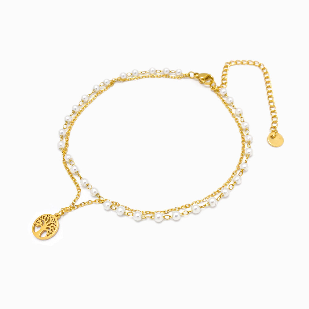 Pulseira Dupla de Pé Árvore da Vida SL3015 - Aço Inox Dourado