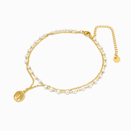 Pulseira Dupla de Pé Árvore da Vida SL3015 - Aço Inox Dourado