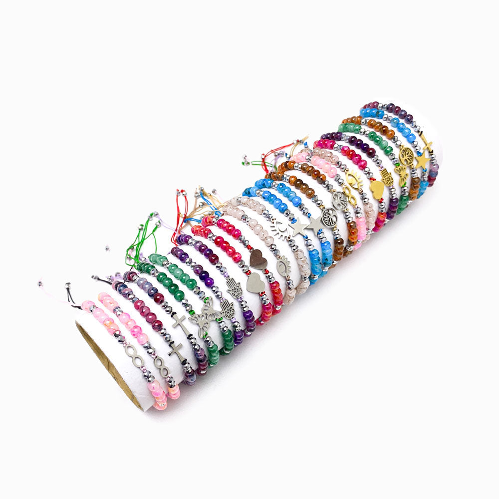 Conjunto 24pçs Pulseira Macramé com Pedra e Aço Inox PS1008