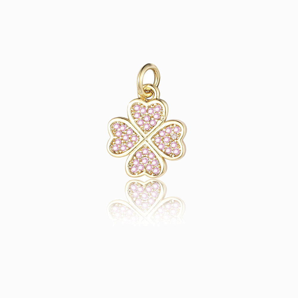 Pendente Trevo Rosa 14x12mm - Latão Banhado a Ouro com Zircónia