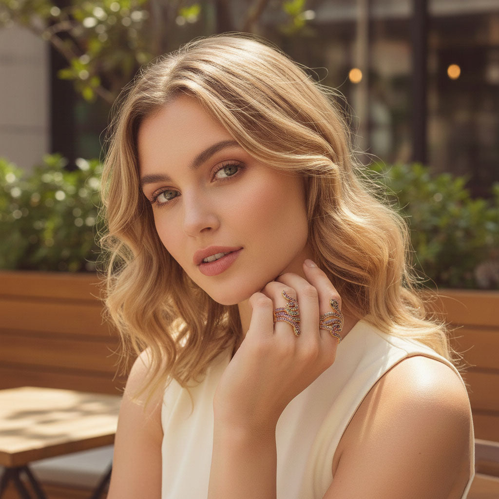 Uma menina sentada mostrando 2 anéis cobra