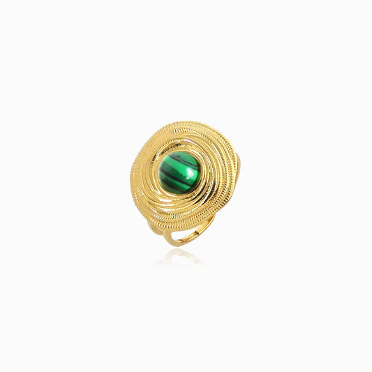 Anel Ajustável com Malaquita JZ1457 - Aço Inox Dourado