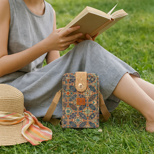 A WOMEN SITTING ON THE GRASS READING A BOOK WITH A CORK BAG ON HER SIDE