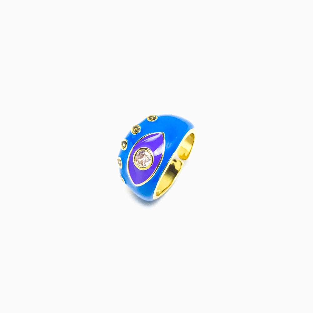 Anel Ajustável Olho Turco Azul - Latão Banhado a Ouro com Esmalte LX1019