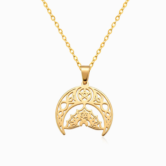 Colar com Pentagrama, Lua e Morcego Vazado CL0142 - Aço Inox Dourado