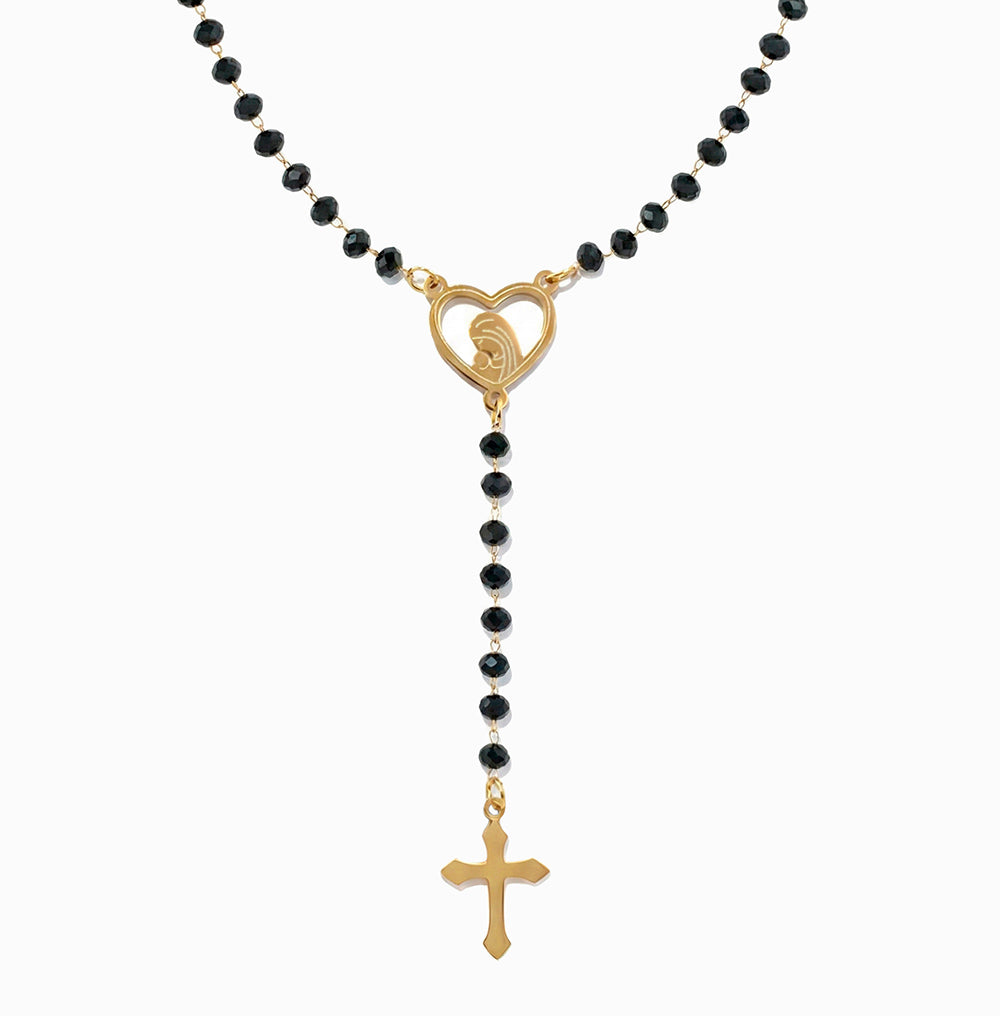 Colar Rosário Cristal Preto CL2072 - Aço Inox