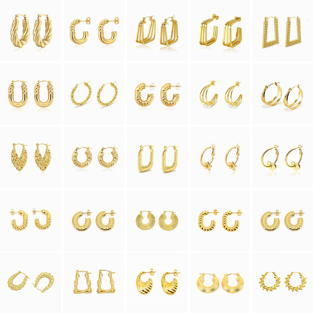 25 pares de brincos em aço inoxidável dourado