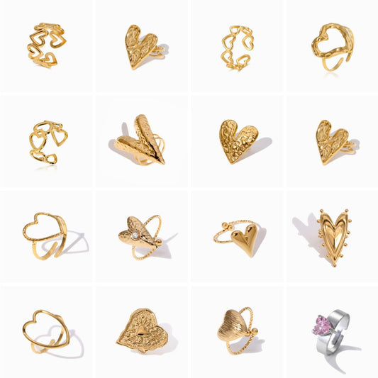 Conjunto 10 Anéis Ajustáveis Coração JZ1618 - Aço Inox