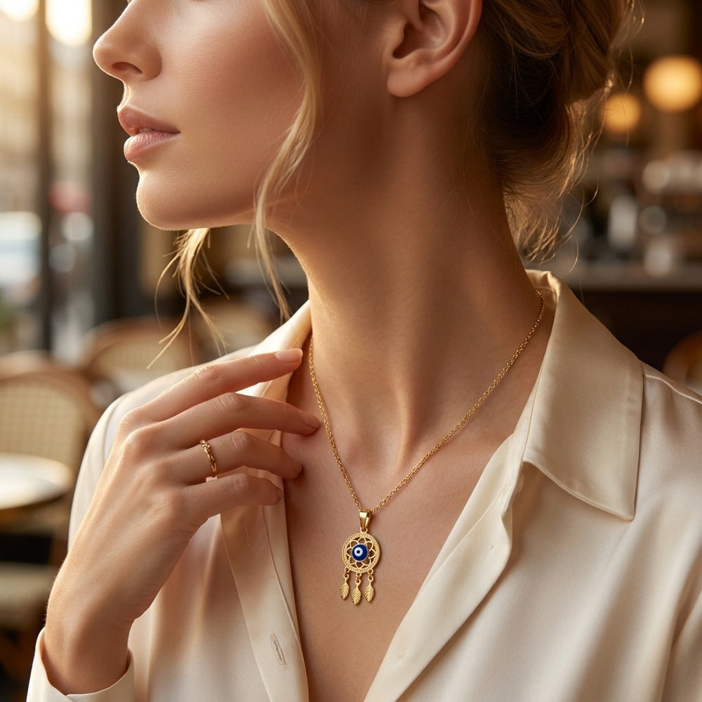 Collier Attrape-rêves avec Œil Grec CL0367 - Acier Inoxydable