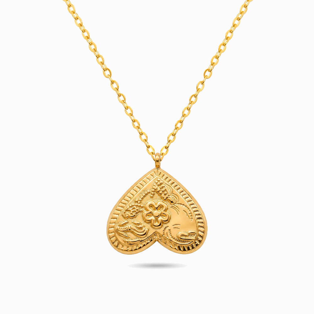 Collier Cœur Ganesha avec Relief de Fleur CL0256 - Acier Inoxydable