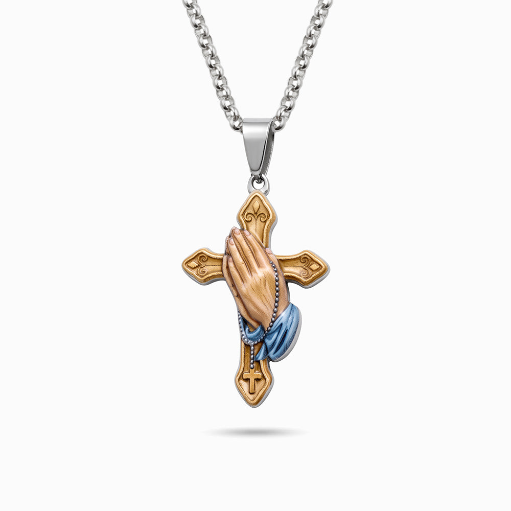 Colar_Cruz_com_Maos_de_Oracao_e_Terco_CL0678D-MBE015_-_Aco_Inox
