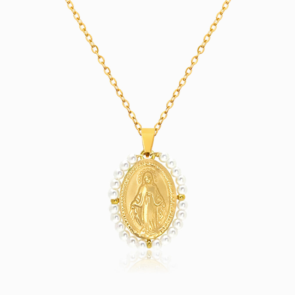 Colar Nossa Senhora CL1171 - Aço Inox Dourado com Pérola
