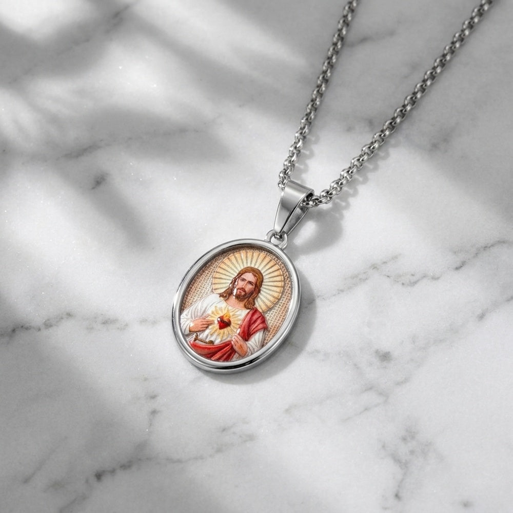 Colar com Medalha Sagrado Coração de Jesus CL0683D-MBE015 - Aço Inox_scene