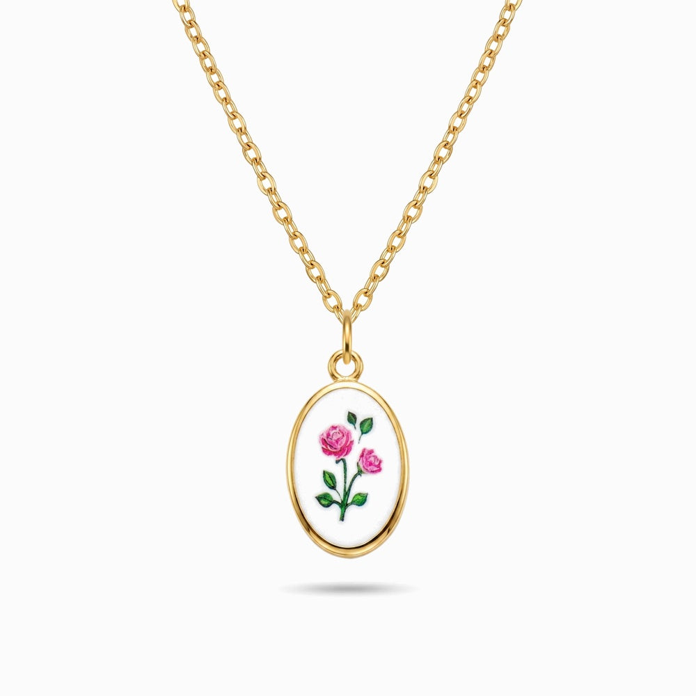 Collar con Colgante Esmaltado con Rosas CL0436 - Acero Inoxidable