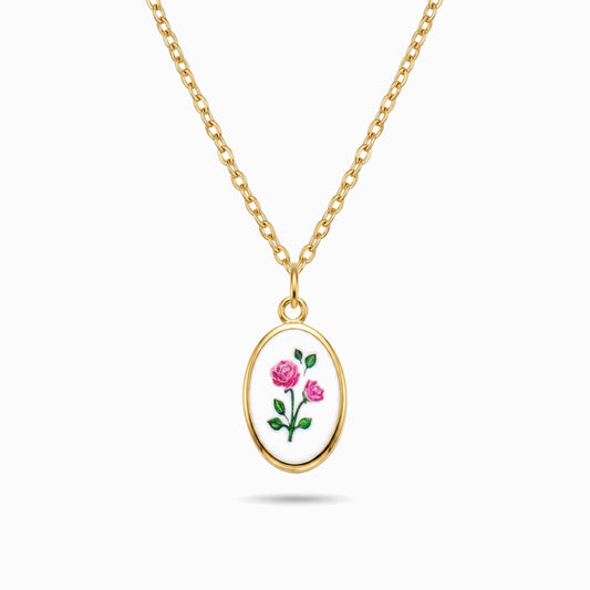 Colar com Pendente Esmaltado com Rosas CL0436 - Aço Inox