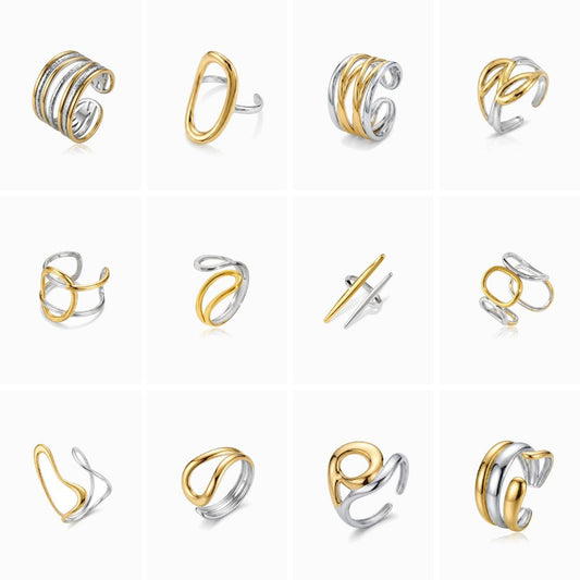 Conjunto 10 Anéis Bicolores Gemétricos JZ1624 - Aço Inox