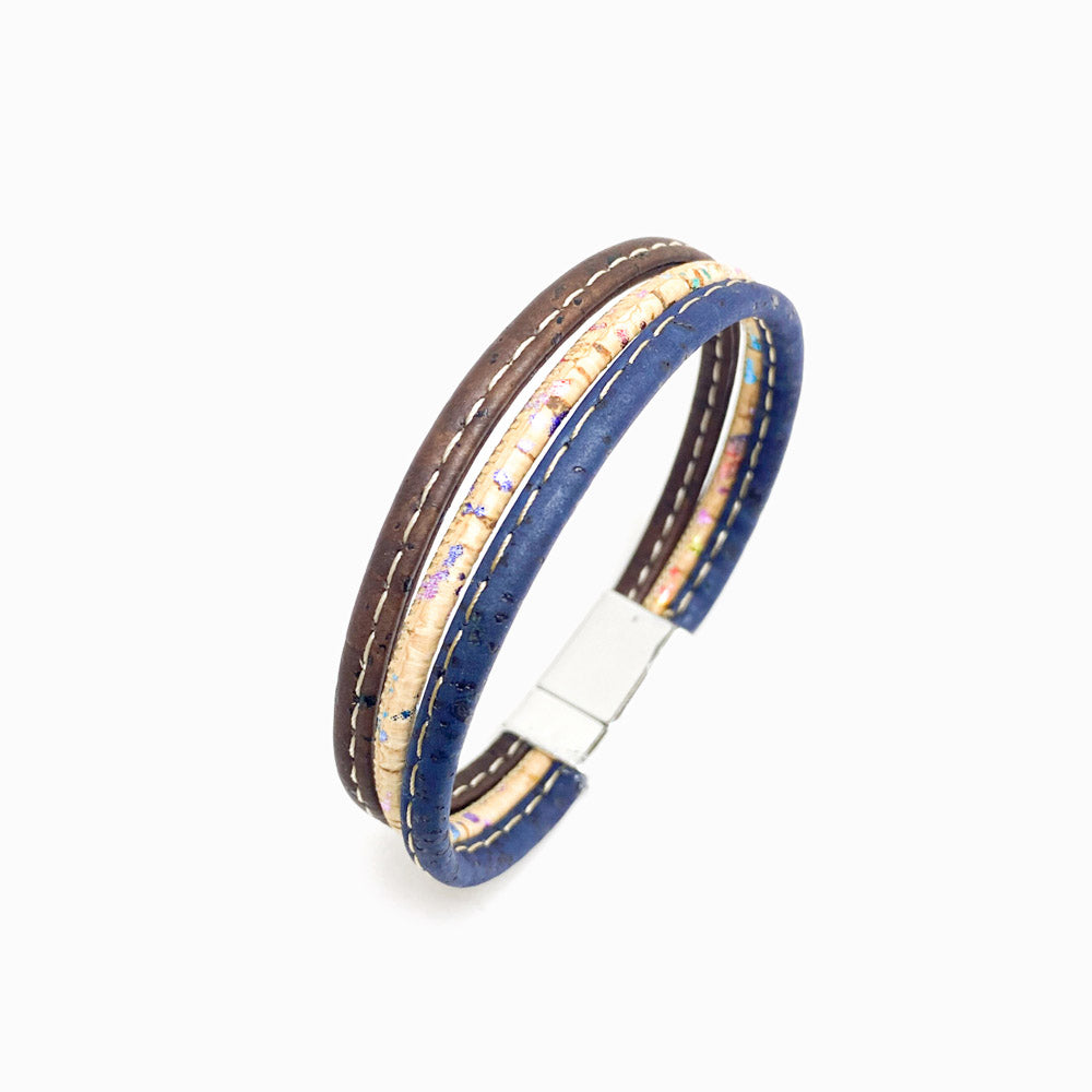 Pulseira Tripla de Cortiça de cor Castanho/Azul/Pintinhas