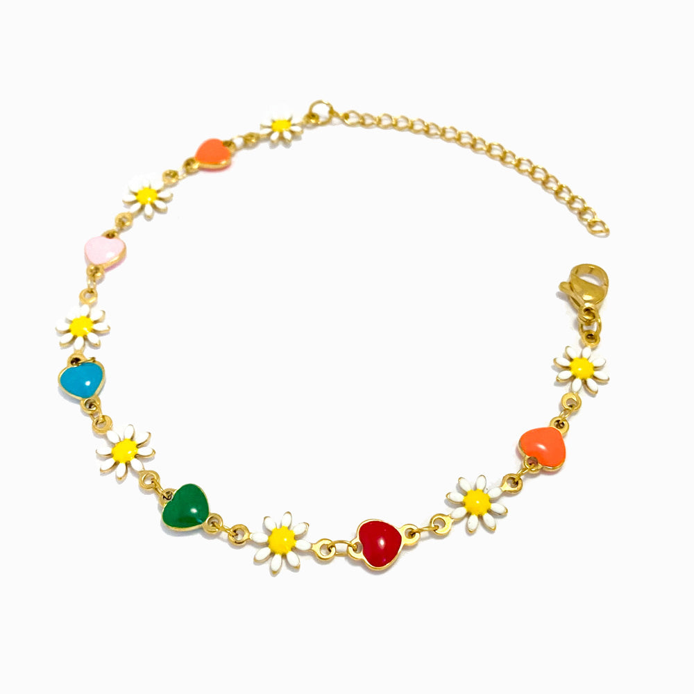 Pulseira com Margaridas e Corações SL2166 - Aço Inox