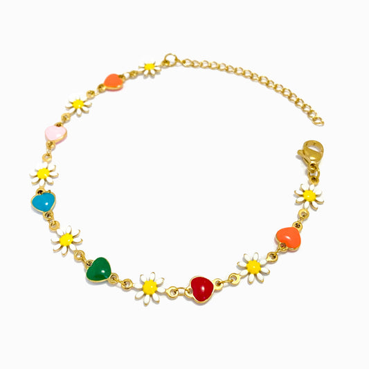 Pulseira com Margaridas e Corações SL2166 - Aço Inox