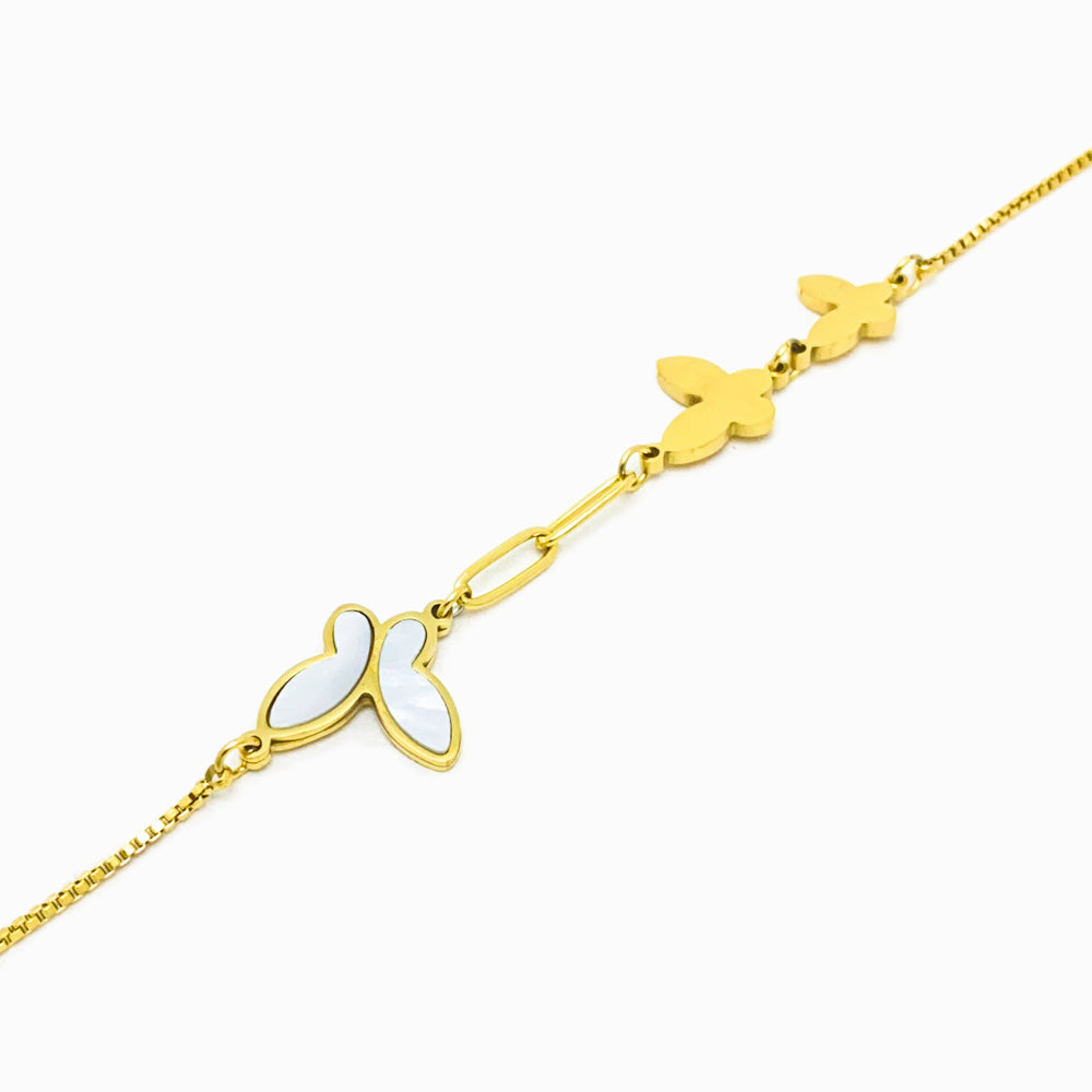 Pulseira Borboletas com Madrepérola - Aço Inox Dourado