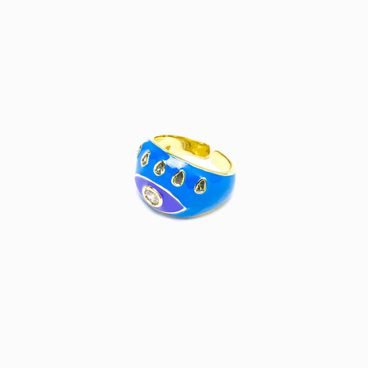 Anel Ajustável Olho Turco Azul - Latão Banhado a Ouro com Esmalte LX1019
