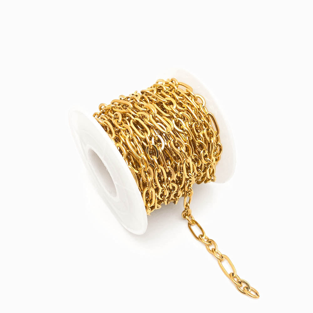 Rolo 5m Corrente Elo Oval 7mm - Aço Inox Dourado
