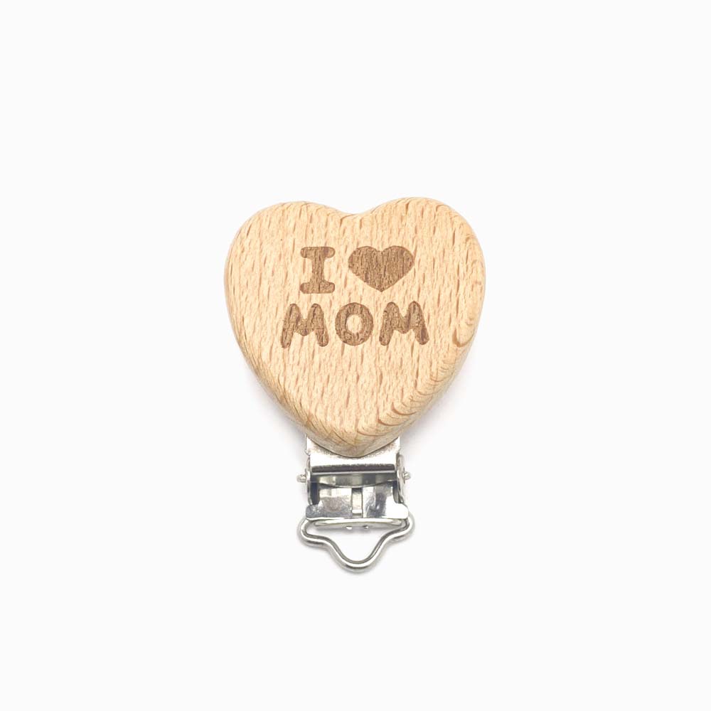 Mola para Chupeta Design em Madeira de Faia Coração com Recorte I Love Mom